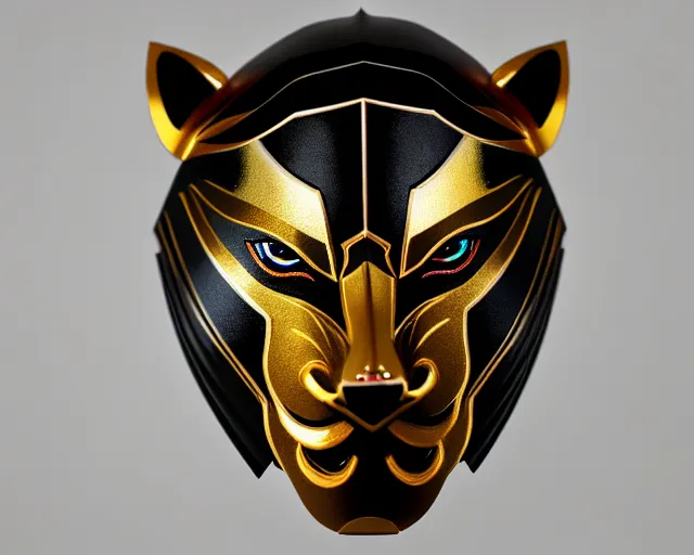 Image similar to prism samurai tiger mask, product photography, deep black background, fantasy, highly detailed, texture, shimmering, wlop, concept art, digital art, symmetrical features, 8k, golden-ratio, canvas, Wangechi Mutu, artstation, rule of thirds