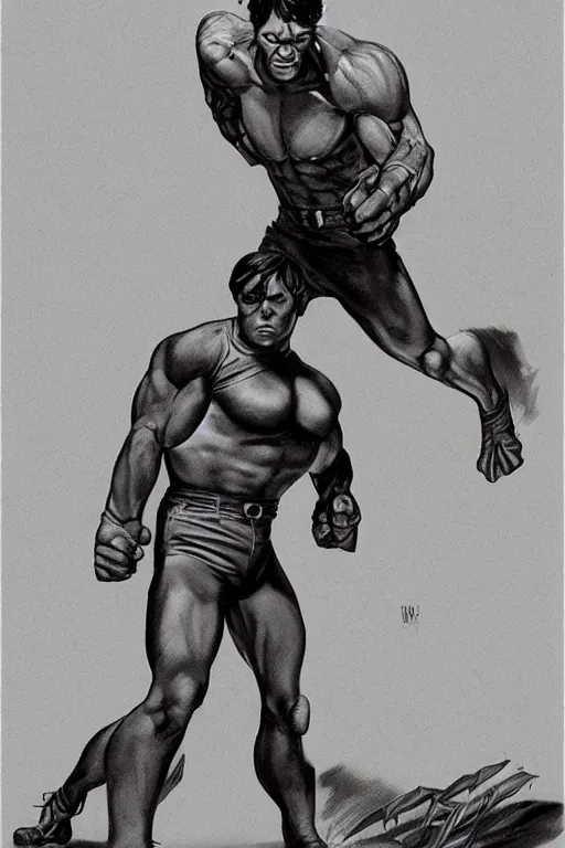 Image similar to buster keaton as the incredible hulk, comic book fantasy illustration, detailed painting, soft shading, dynamic lighting, comic book concept art