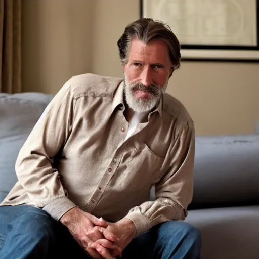 Prompt: cozy wide picture of older handsome lord richard is sitting gracefully on a sofa, his eyes look wise, happy wise. oh he is a human by the way, wear's beige shirt, has firm belly