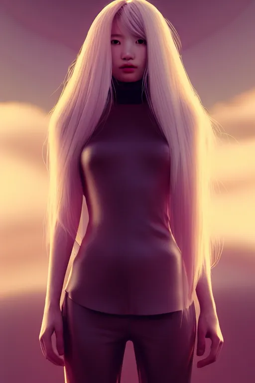 Image similar to upright and straight girl, bae suzy, scifi, futuristic design, full body model, long white hair, character design, cinematic lighting, highly detailed, by beeple, goro fujita, smooth gradient.