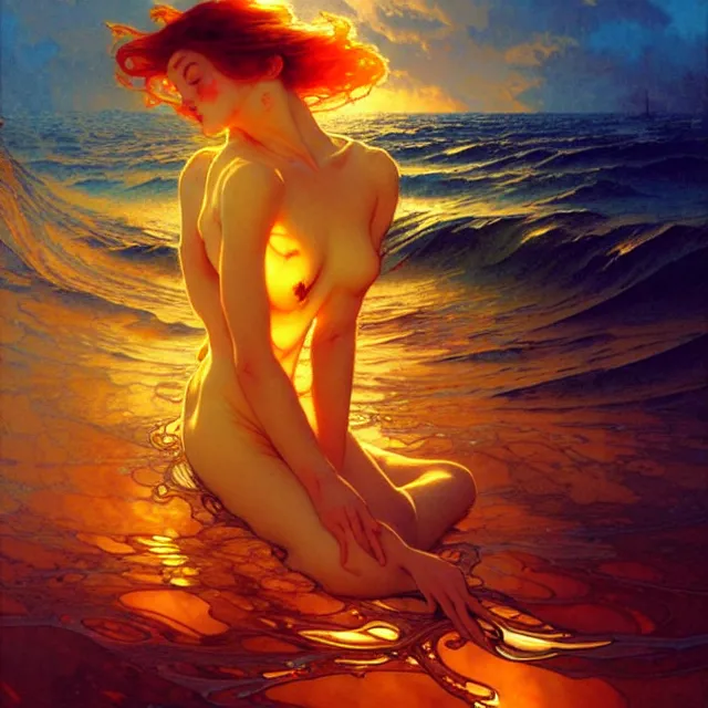 Image similar to mind bending ocean waves of glossy liquid honey drops flowing like psychedelic translucent amber, lsd waves, lsd ripples, backlit, sunset, refracted lighting, art by collier, albert aublet, krenz cushart, artem demura, alphonse mucha