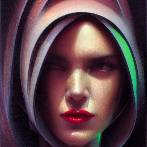 Image similar to detailed face of a woman, moment, cyberpunk cloisters, electronic billboards, tech noir, wet reflections, prism, atmospheric, ambient, pj crook, syd mead, livia prima, greg rutkowski, edward hopper