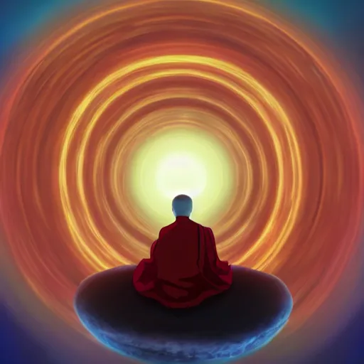 Image similar to illustration of a levitating monk meditating within the centre of a giant swirling atom, studio ghibli, ultra hd