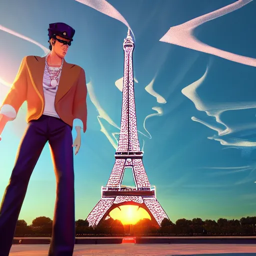 Image similar to a 3 d render of jotaro kujo next to the eiffel tower, hyper - detailed, unreal engine 5, beautiful, the sun is rising, ultra - realistic