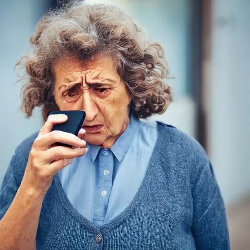 Prompt: astonished older lady looking at smartphone angrily, wild hair, greek ethnicity, angry eyes,