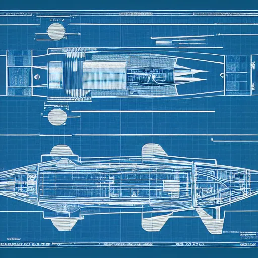 Image similar to blueprint of spaceship, blue, technical drawing, 8 k