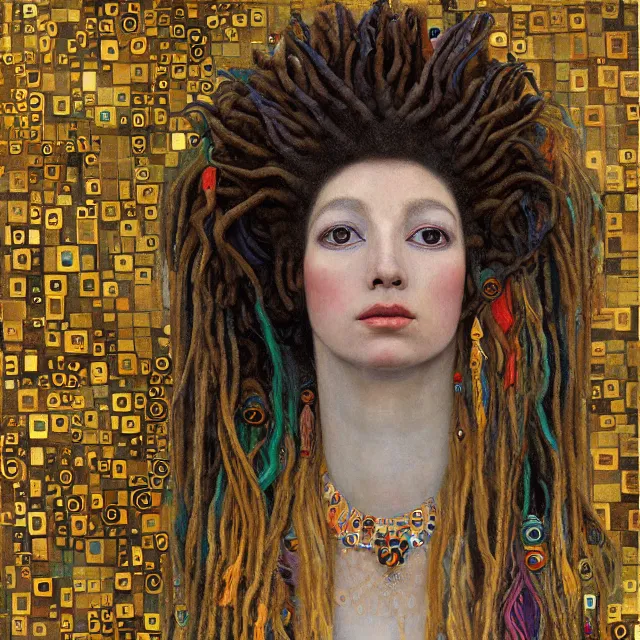 Image similar to llama with dreadlocks, in the style of gustav klimt, by mandy jurgens, ernst haeckel, james jean