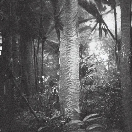 Image similar to lost film footage of a sacred in the middle of the ( ( ( ( ( ( ( ( ( tropical jungle ) ) ) ) ) ) ) ) ) / film still / cinematic / enhanced / 1 9 0 0 s / black and white / grain