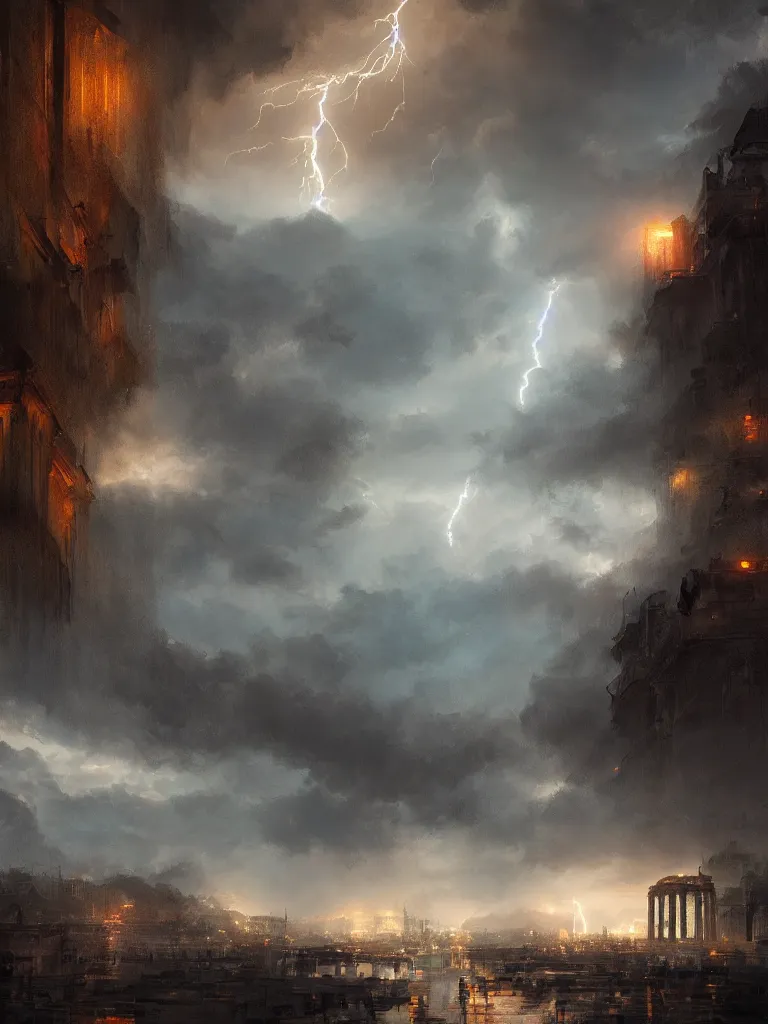 Prompt: epic scenery ancient city of troy under a sky full of lightning, intricate, elegant, volumetric lighting, digital painting, highly detailed, artstation, sharp focus, illustration, concept art, ruan jia, steve mccurry