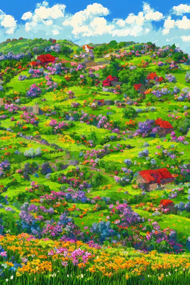 Prompt: a countryside in spring, green hills and blue sky with patches of clouds, nature in all its beauty, some houses in the background, star - shaped flowers in the foreground, digital painting, pixel art, detailed,