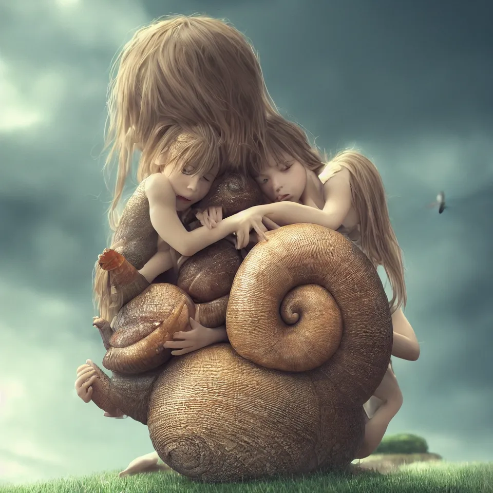 Image similar to a little girl hugging a giant snail, photo, realistic, artstation , beautiful, octane render