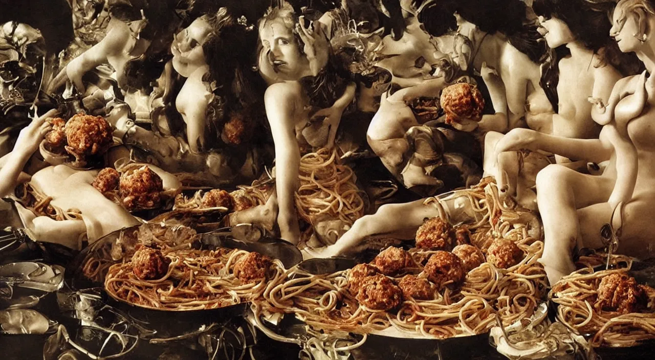 Image similar to photo, bizarre compositions, blend of perfect woman bodies, spaghetti bolognesa, meatballs by dali, exquisite detail