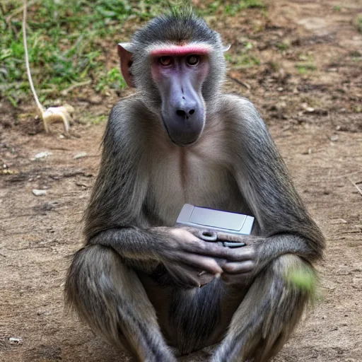 Image similar to a baboon programming, he is angrily shouting at his computer screen because the wifi crashed, in the office