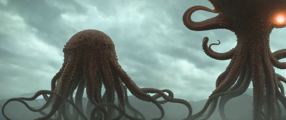 Image similar to a giant octopus god emerging over a rain forest, lightning, ambient sun, a volcano erupts, still from the movie the arrival, 8k