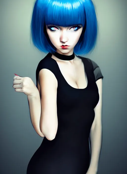 Prompt: hyper realistic photograph portrait of pretty girl with blue hair, wearing a little black dress, dramatic lighting by ilya kuvshinov