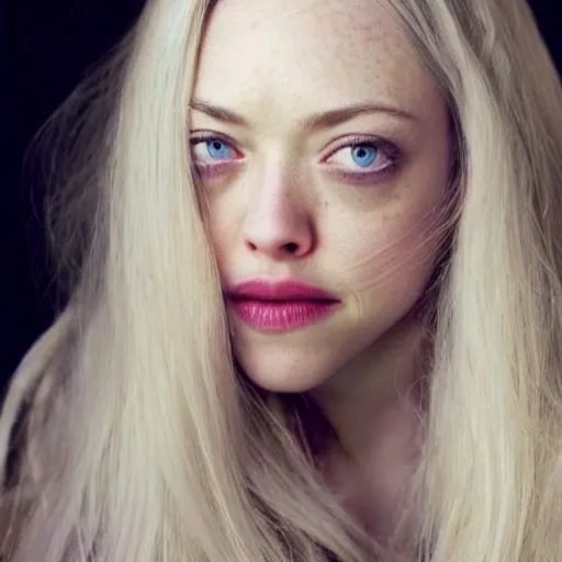 Image similar to photo of amanda seyfried, full platinum blond, pale skin, freckle, by annie leibovitz, realistic, high detail, high quality, trending on pinteresst