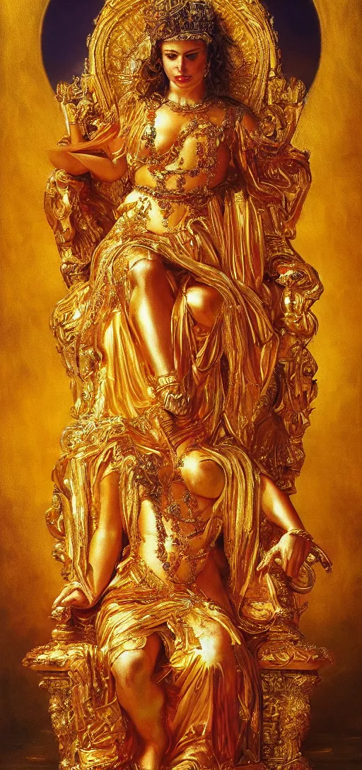 Image similar to a beautiful painting of a golden goddess sitting on a throne, dennis velleneuve, warm colors, ultra realistic, 8 k, photography