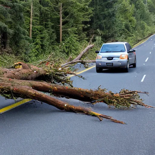 Image similar to fallen tree in highway traffic. Sasquatch hides in the forest