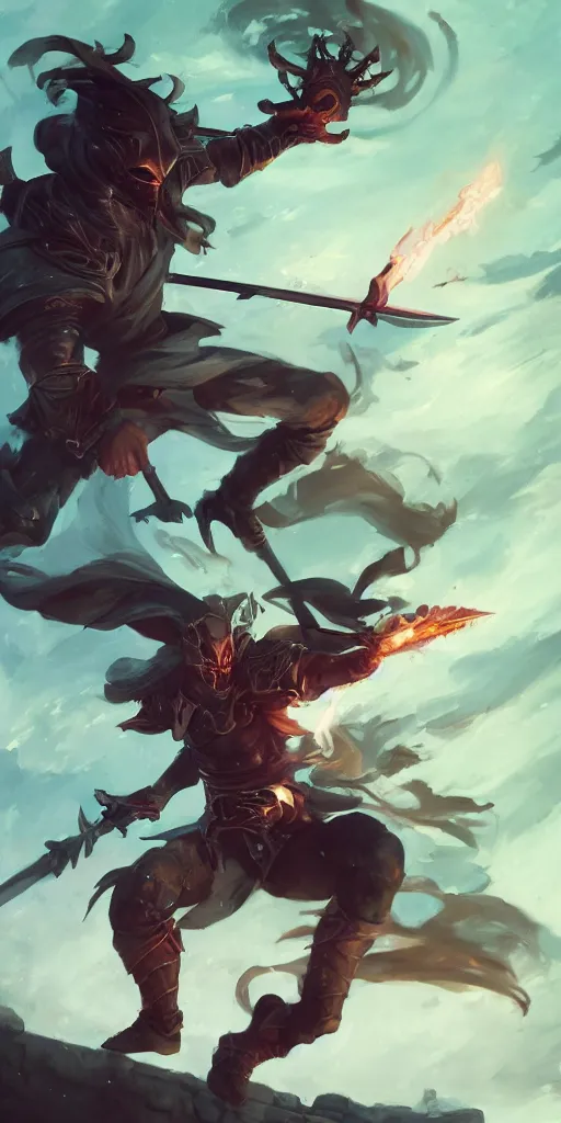 Image similar to action portrait of a magic knight fighting while casting spells with his swords, 4 k trending on artstation by peter mohrbacher