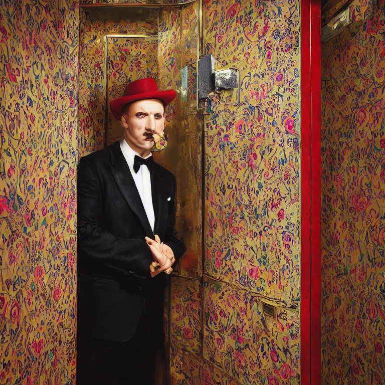 Prompt: vogue professional octane render portrait by wayne barlow and carlo crivelli and glenn fabry, a sinister man in a bright colorful patterned pastel wes anderson elevator operator costume inside a dark and moody vintage elevator in a high - end exotic vintage boutique hotel, very short depth of field, bokeh