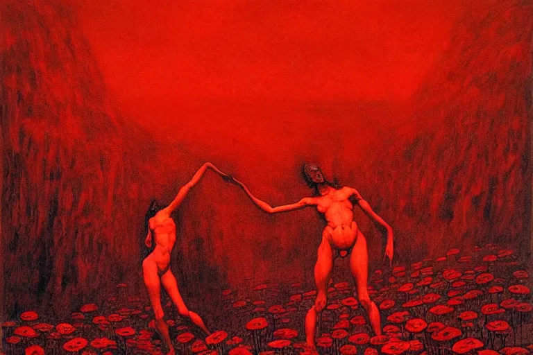 Prompt: only with red, red flowers of different types, a red tiger, a castle in the background, medieval demons dance over the flowers, an ancient path, in the style of beksinski, part by hopper, part by rodcenko, part by hofbauer, intricate composition, red by caravaggio, insanely quality, highly detailed, masterpiece, red light, artstation