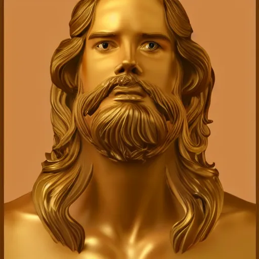 Image similar to a flawless, purely golden man with long hair, with trimmed beard, completely expressionless, casting golden light. entirely golden statue, extremely detailed, full-body statue, award-winning art, trending on Artstation