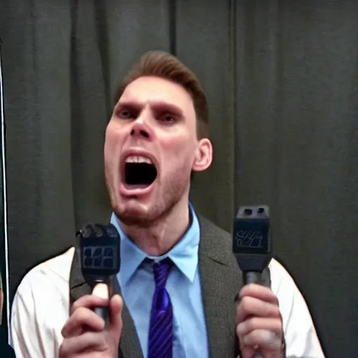 Prompt: a man screaming while standing behind jerma