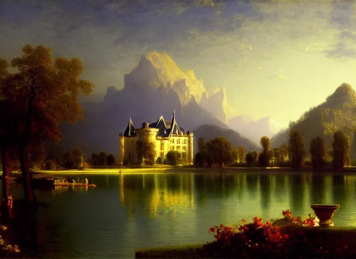 Prompt: beautiful illustration of chateau in a serene landscape, by albert bierstadt, magic realism, narrative realism, beautiful matte painting, heavenly lighting, retrowave, 4 k hd wallpaper h 7 2 0