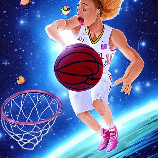 Prompt: detailed detailed detailed detailed digital art of Doja Cat dunking basketball in outer space