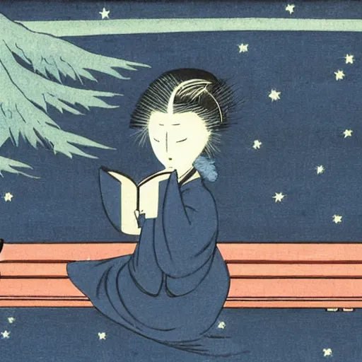 Image similar to a person sitting on a bench reading a book at night, a storybook illustration by steve brodner, deviantart, ukiyo - e, storybook illustration, photo, woodcut