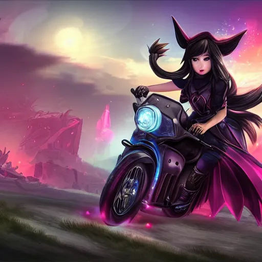 Prompt: a matte painting portrait of ahri from league of legends riding a motorcycle on a warzone, dark aesthetic