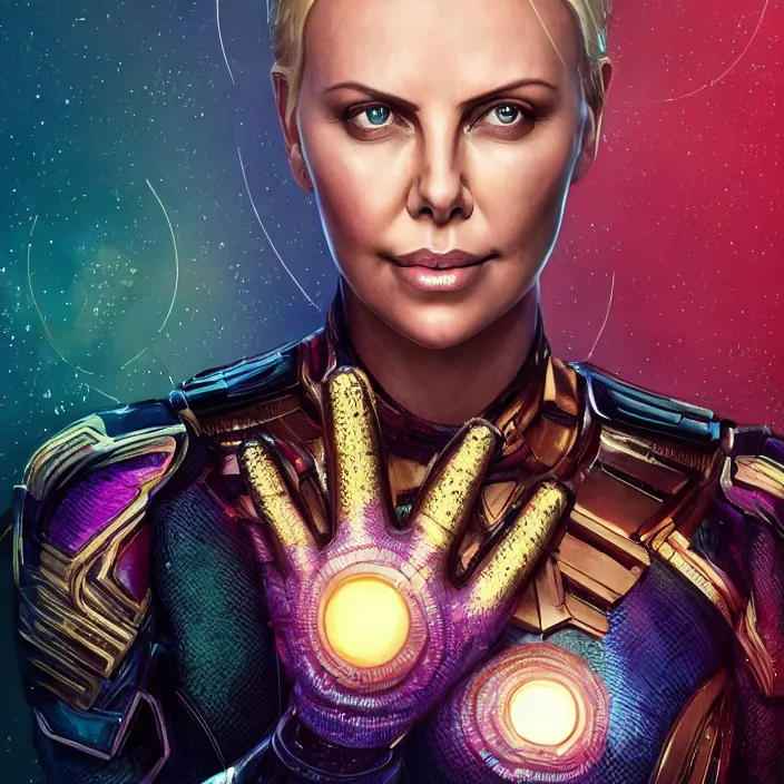 Image similar to portrait of Charlize Theron, wearing The Infinity Gauntlet. intricate artwork. by Tooth Wu, wlop, beeple, dan mumford. octane render, trending on artstation, greg rutkowski very coherent symmetrical artwork. cinematic, hyper realism, high detail, octane render, 8k, iridescent accents