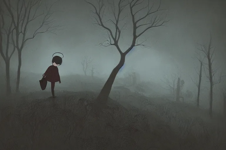 Image similar to “over the garden wall, illustration, 8k, digital masterpiece, gloomy, atmospheric fog, highly detailed”