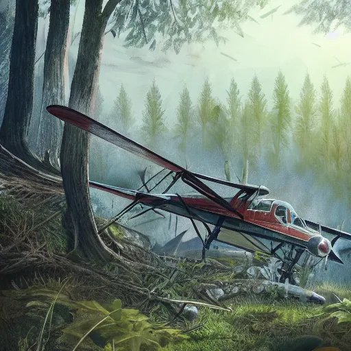 Image similar to an old plane crashed on a hill, there is a forest in the background, texture, intricate, details, highly detailed, masterpiece, architecture, building, trending on artstation, focus, sharp focus, concept art, digital painting, fantasy, sunny, day, midday