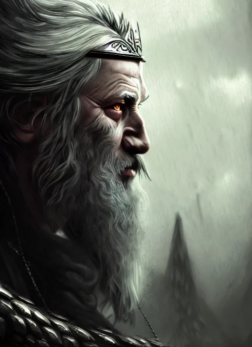 Image similar to odin, the allfather, illustration, high quality, details, intricate, atmosphere, highly detailed, matte painting, cinematic, deviantart, realistic, photorealistic, concept art