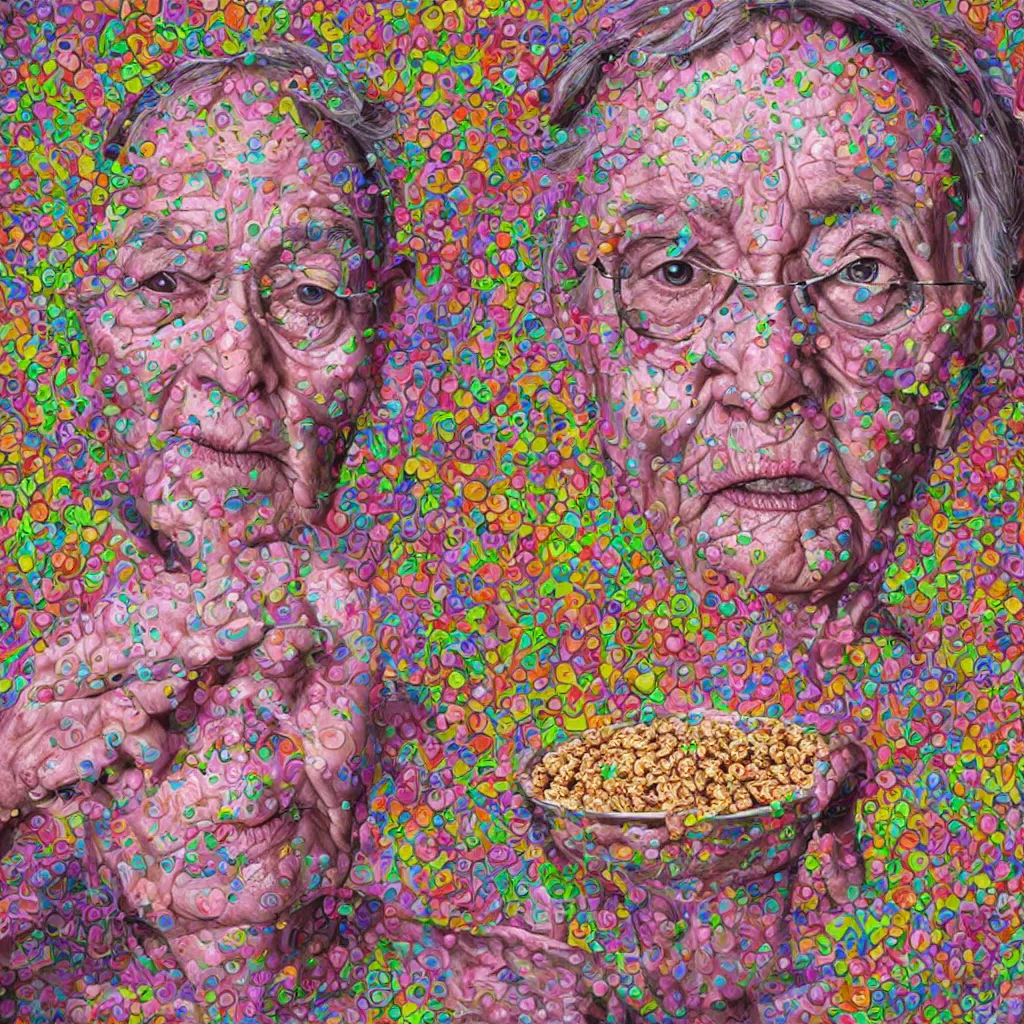 Prompt: grandma eating a bowl of cereal made of eyes, salviadroid, 4 k, digital art, hyperrealism, psychedelic