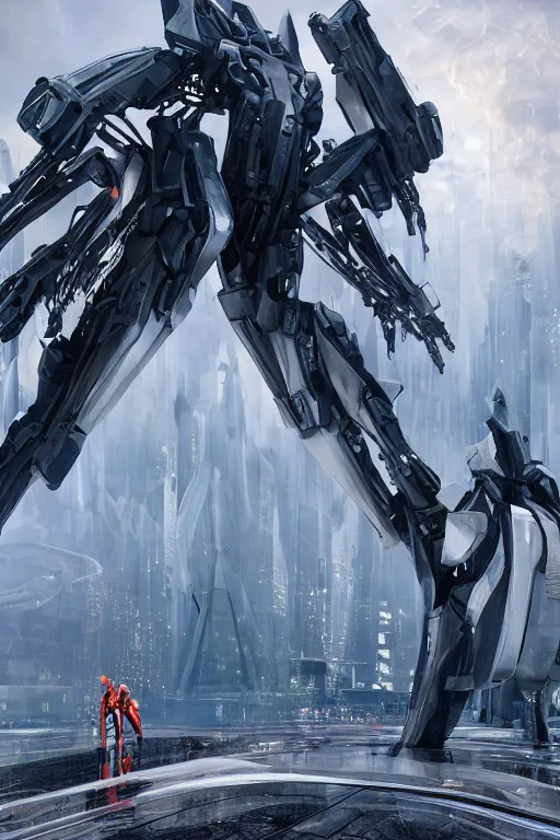 Prompt: professional landscape photograph of a large beautiful neo - futuristic matte symmetrical mechangel mecha next to monolith by joseph cross, denis villeneuve, emmanuel shiu, zaha hadid, vapor, stunning cinematic architectural scale, manga, dramatic, volumetric, concept art, hard surface, hyperrealism, very high detail, trending on artstation, sharp focus, rendered in octane