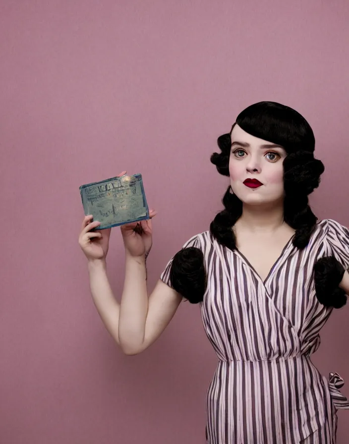 Prompt: a person with the proportions of a Funko Pop, posing for a portrait, wearing 1920s attire, muted colors, studio lighting, pink striped wallpaper backdrop, 8k