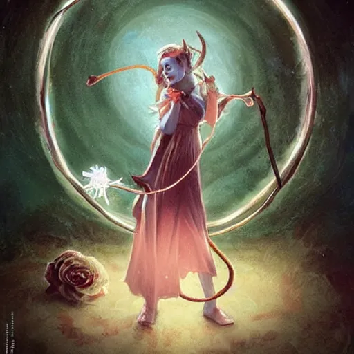 Image similar to tiefling woman with bent horns holding a glowing floating flower, petrichor, malady, art by fiona staples, art by james gurney, art by norman rockwell