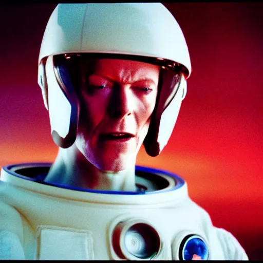 Image similar to medium - shot photo of pale david bowie!! wearing a space suit with transparent helmet, visible face, background mars surface, blurred, mystical, in the new watchmen movie, polaroid photo, instax,