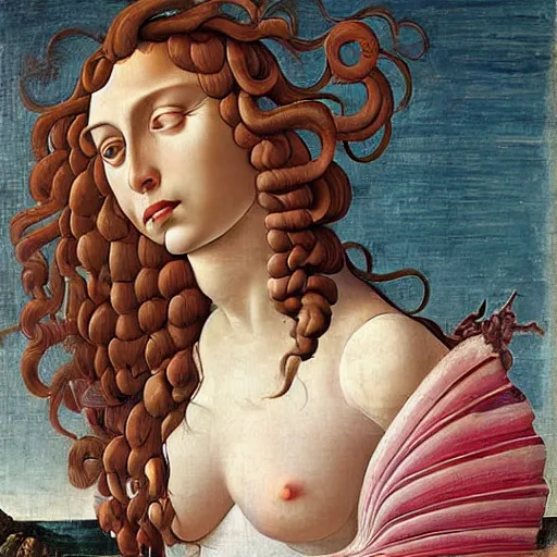 Image similar to an hyperrealistic mythological oil painting of venus with long curly brown hair, full body, wearing pink floral chiton, sleeping on a giant scallop shell, near the seashore, intricate lines, elegant, renaissance style, by sandro botticelli