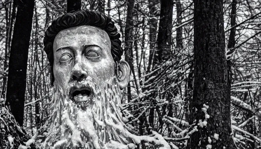 Prompt: 1 9 6 0 s movie still close up of marcus aurelius frozen to death screaming in the river white drapery, pine forests, cinestill 8 0 0 t 3 5 mm b & w, high quality, heavy grain, high detail, texture, dramatic light, anamorphic, hyperrealistic, detailed hair