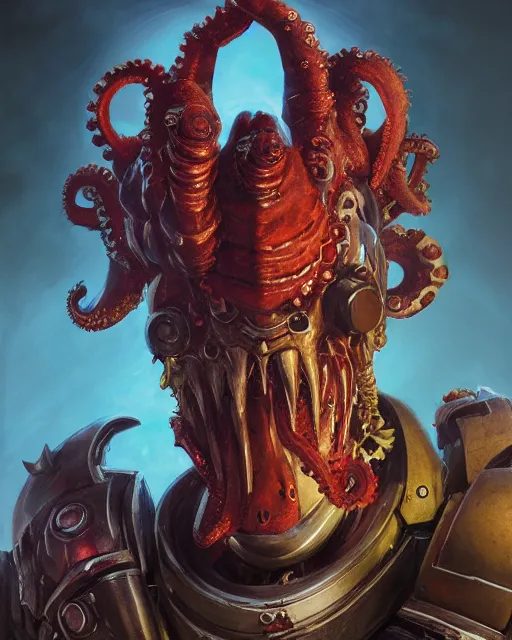 Image similar to hyper realistic portrait of heroic warhammer 4 0 k android head, cinematic, chaos marine, wolf, horror, muppet, octopus, artstation, cgsociety, full head and shoulders, greg rutkowski, james gurney, mignola, craig mullins, brom redshift, vray, octane