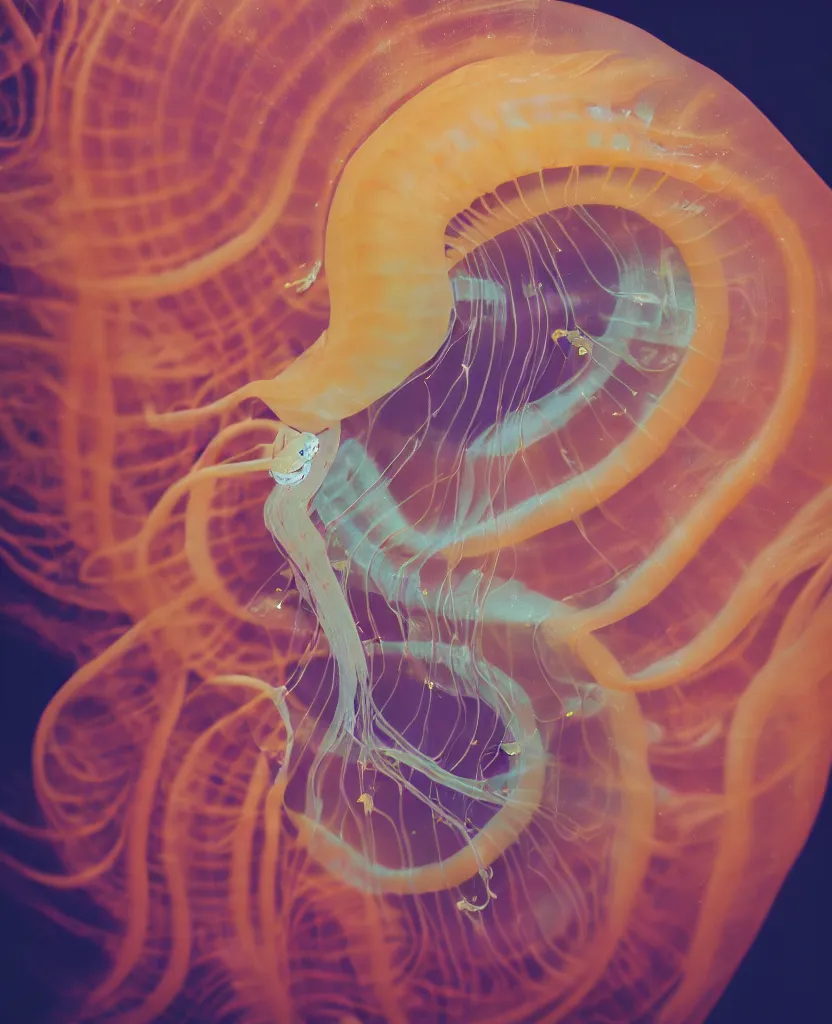 Prompt: kodachrome, close up swirly portrait of the face of a beautiful princess a demon face with translucent nautilus jellyfish, porta 4 0 0, mutes colors of phoebe bridgers standing. beautiful organic, natural light, 8 0 mm