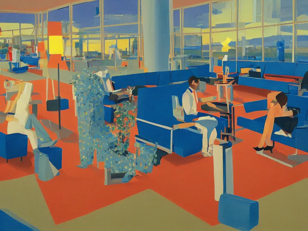 Image similar to sun setting in a airport lounge. tall, spacious, couple watching landed airplane. painting by david hockney