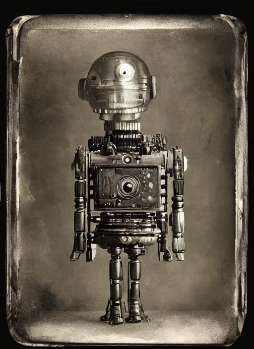 Image similar to old wetplate daguerreotype portrait of futuristic cute little robot, dubbel negative exposure, explosion of data fragments, fractal, intricate, elegant, highly detailed, parallax, leica, medium format, subsurface scattering, by jheronimus bosch and greg rutkowski and louis jacques mande daguerre