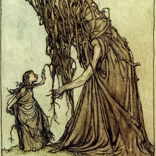 Prompt: the mother was great. she made even the giants look small. the giants were great. thou art tiny, like a little doll. arthur rackham illustration, extremely high quality