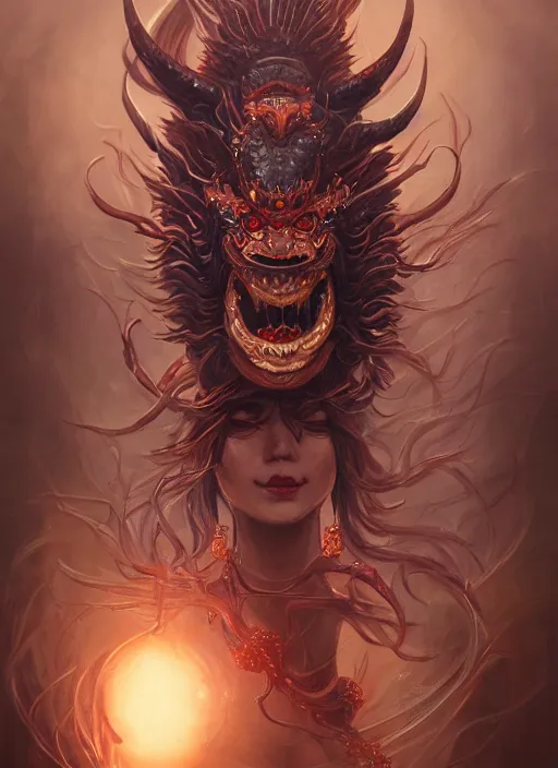 Image similar to a beautiful detailed oil on copper art illustration of a waka onna mask shogun dragon devil woman, centered, by charlie bowater, zeng fanzh, trending on artstation, dim dusk lighting, cinematic lighting, detailed lighting, volumetric lighting, realistic, f 8, 4 k hd wallpaper