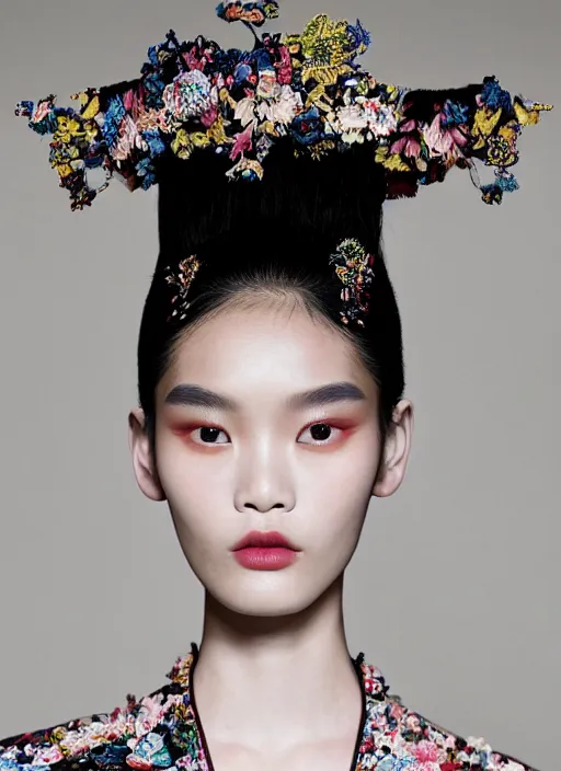 Prompt: A beautiful portrait of Ming Xi as a model at Valentino fashion show Milan Spring/Summer 2018, highly detailed, in the style of cinematic, Getty images, fashion week backstage, makeup by Pat Mcgrath, shot by Greg rutkowski