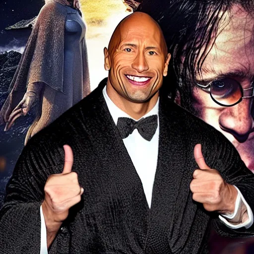 Image similar to dwayne johnson as harry potter character, wearing a wizard robe, full body shot, highly - detailed, sharp focus, award - winning